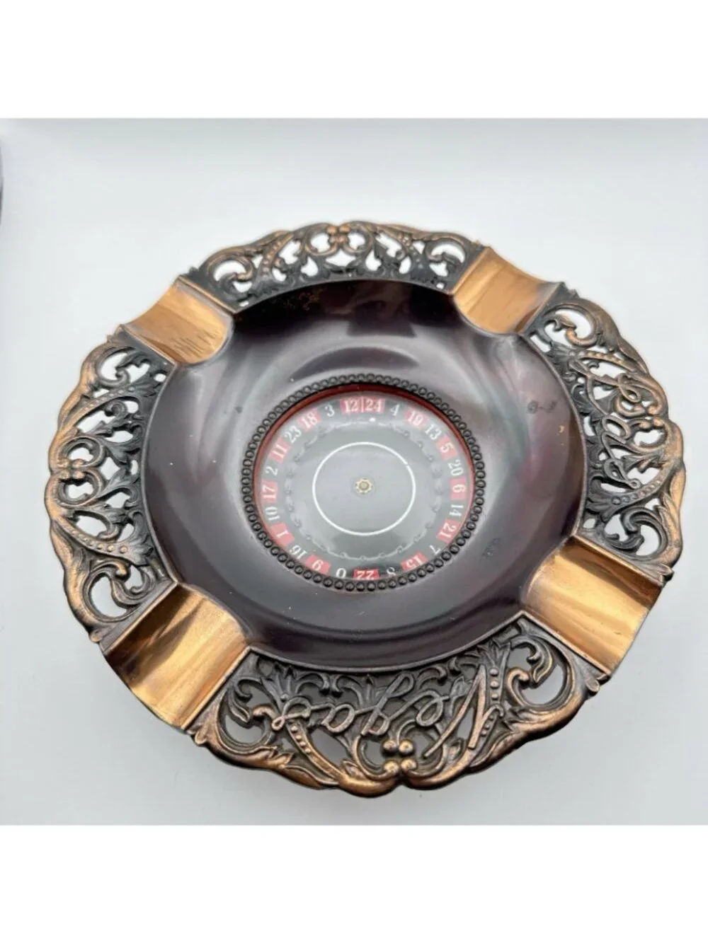 Vintage Las Vegas Nevada Roulette Wheel Spinning Ashtray Copper Filigree Japan